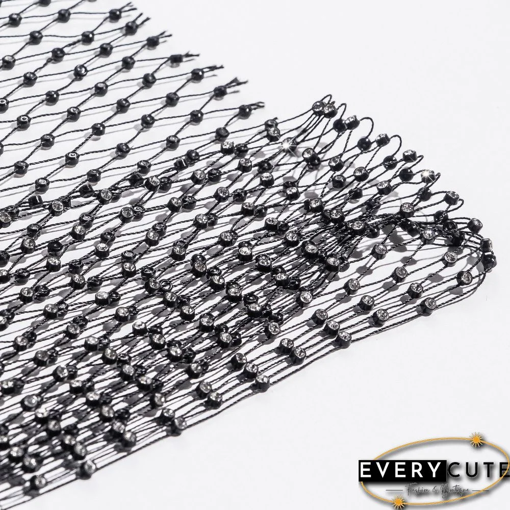 Black Rhinestone Mesh Hollow-out V Neck Crop Top
