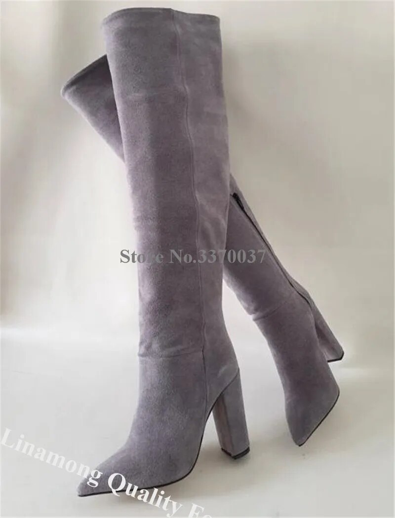 VCSHOES Women Pointed Toe Knee High Chunky Heel Boots Purple Grey Suede Thick Heel Long Boots Party Dress Shoes