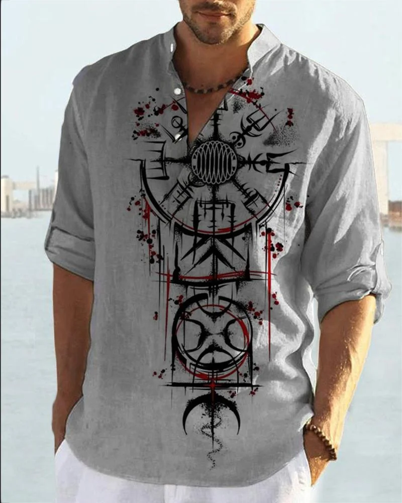 Fashion Abstract Clock Stitching Printed Cotton Linen Shirt