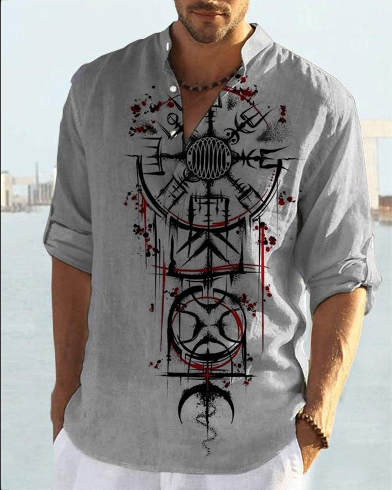 Fashion Abstract Clock Stitching Printed Cotton Linen Shirt