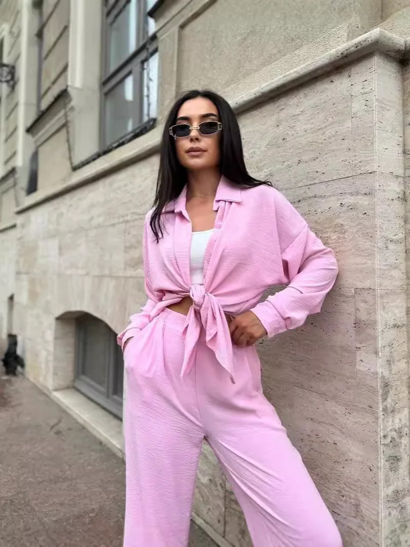 Churchf Churchf New Autumn Solid Color Lapel Long Sleeve Shirt Jacket Casual Pants Set