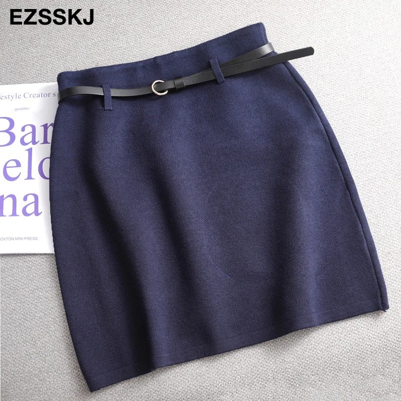 spring Autumn retro A-line PENCIL mini skirt female fashion high waist  slim skirt  solid color badycon knitted short skirt