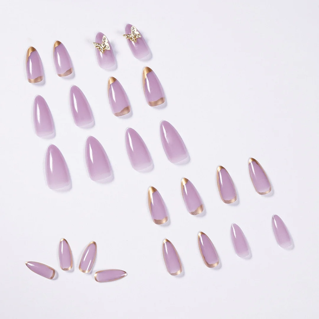 24pcs Smoke Purple Pnompenh Butterfly Fake Nails Full cover Fake Nails Glue DIY Manicure Nail Art Tools-Nail Inspo
