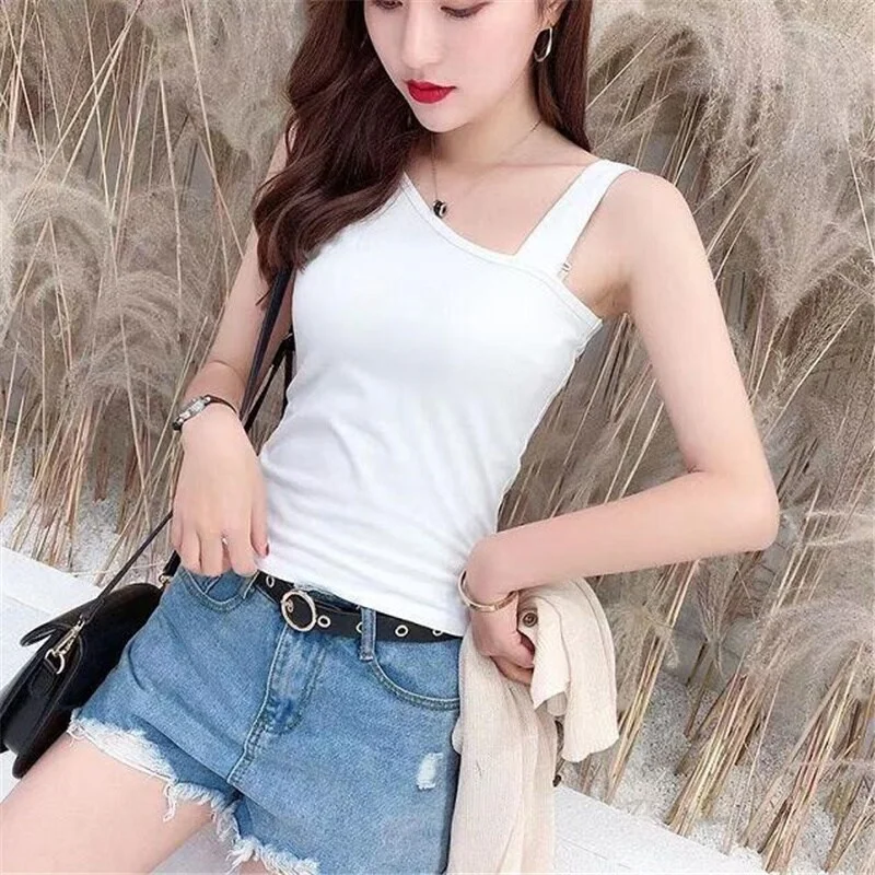 Slanted Shoulder Camisole Female Tee Summer Sleeveless Sling Top  Beautiful Back  Outer Wear Thin Tank Top Women's Camis