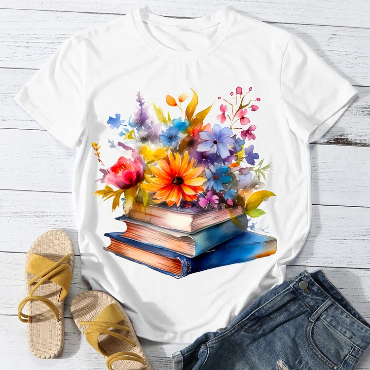 Flowers With Book Women's Casual T-Shirt -BSTC1619