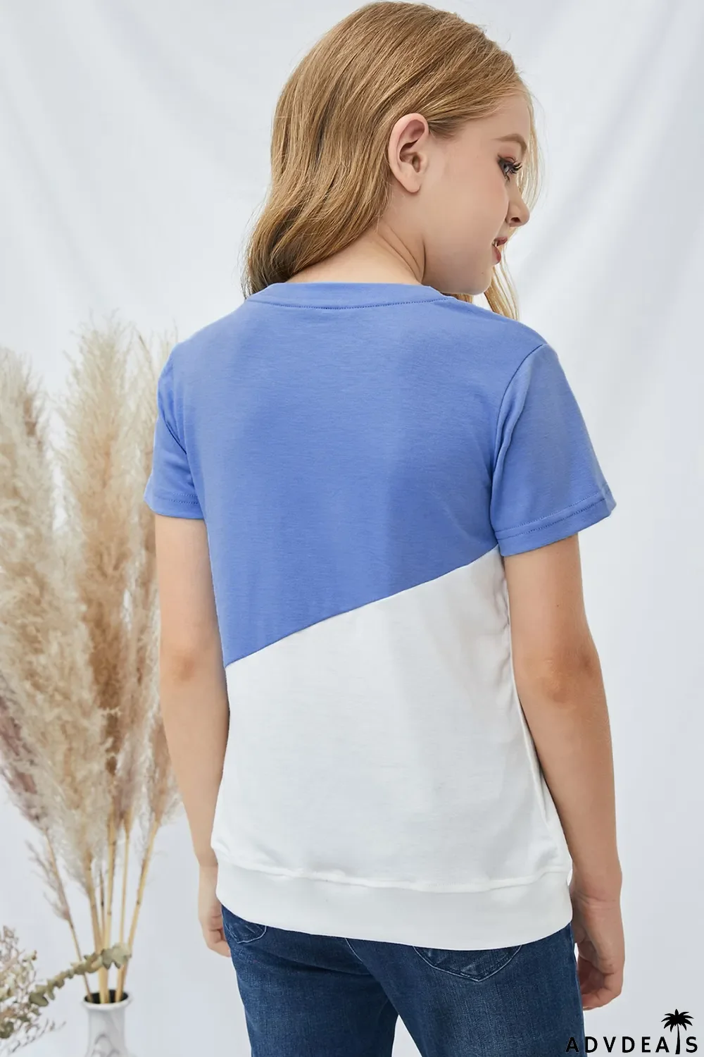 Sky Blue Colorblock Splicing Little Girl Tee