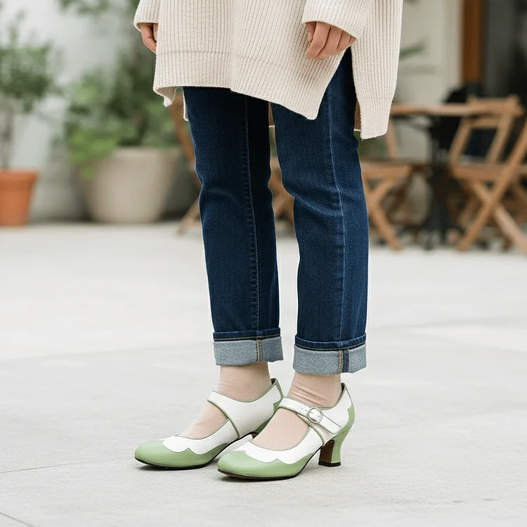 Vintage Style Green and White Mary Jane Chunky Heel Pumps Vdcoo