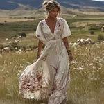 Women's Retro Bohemian Style Floral And Butterfly Comfortable V-neck Dress - Image 2