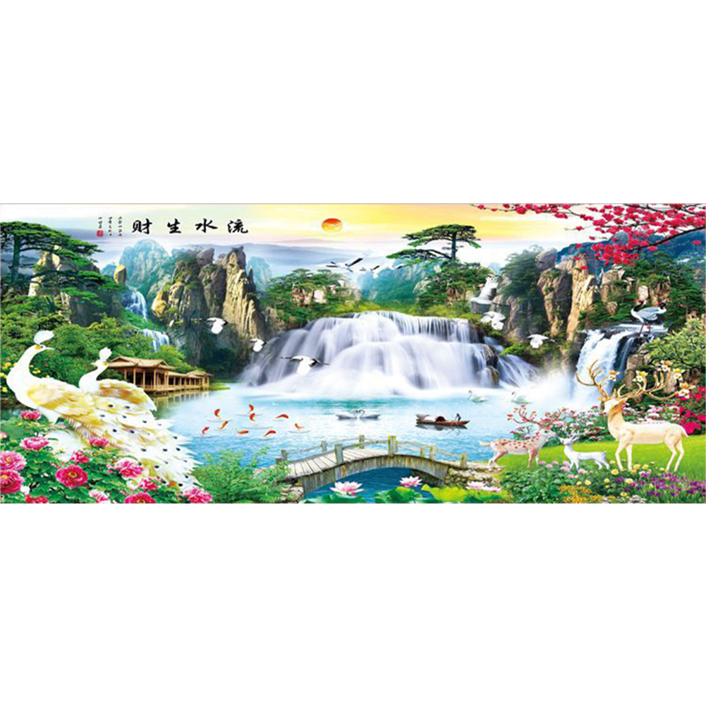 Landscape Painting: Flowing Water Generates Wealth Jade Peacock 11CT pre-stamped canvas(150*67cm) silk cross stitch(69 colors)