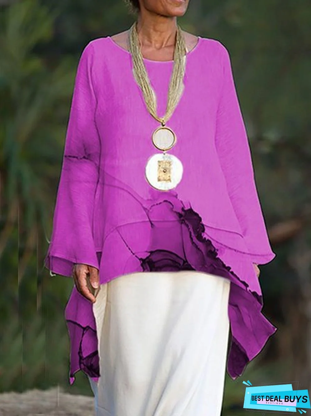 zolucky Women Causal Top Crew Neck Long Sleeve Asymmetrical Shirt