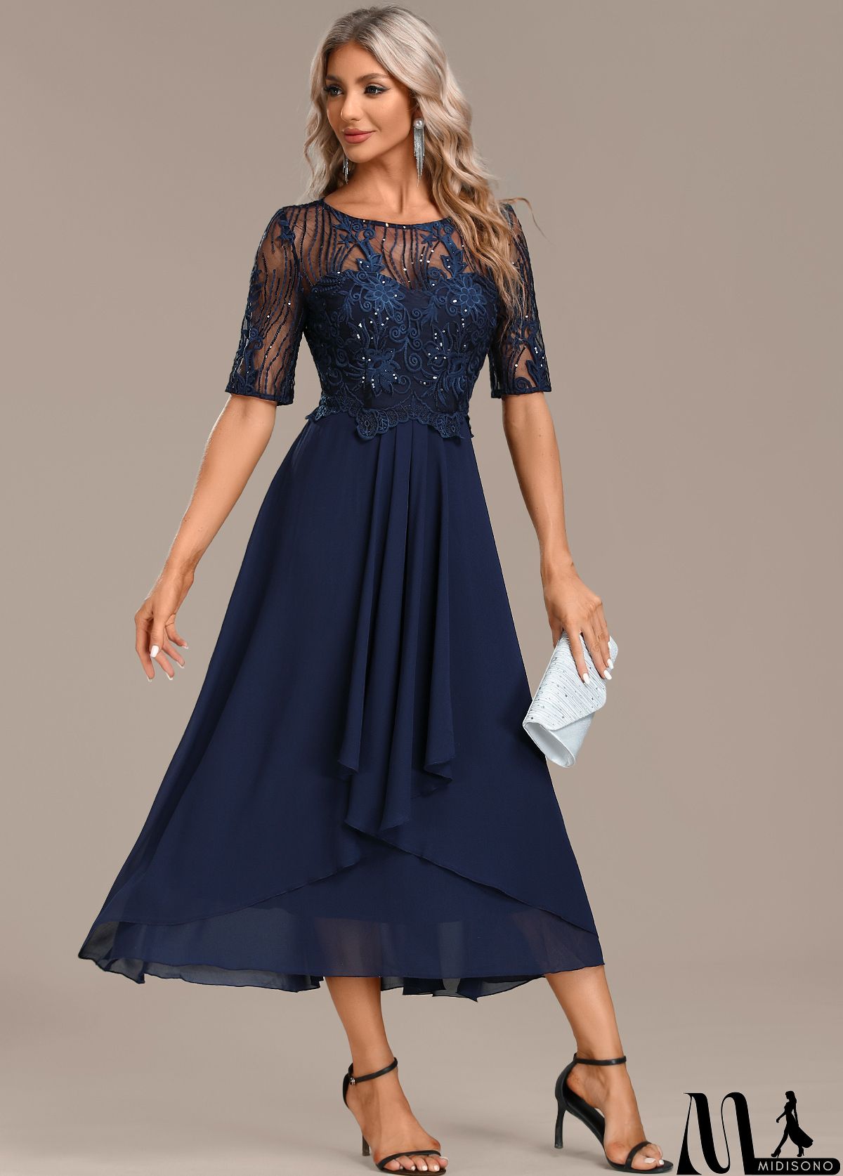 MidiSono - Navy Lace Short Sleeve Round Neck Dress