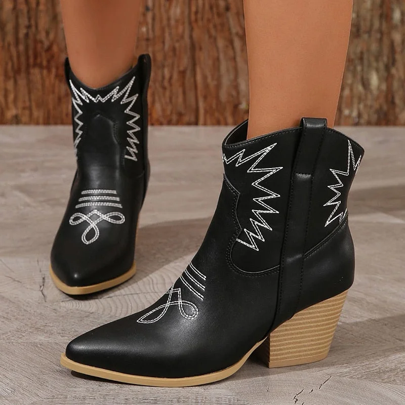 Vstacam PU Leather Embroidery Ankle Boots for Women 2023 Autumn Thick-Heeled Western Boots Woman Pointed Toe Slip-On Black Short