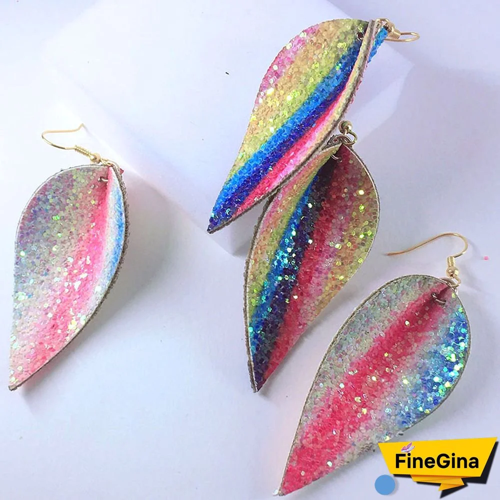 ZWPON Glitter Rainbow PU Leather Leaf EarringsFor Women Looking Various MultiColor Summer Leather Party Earrings Wholesale