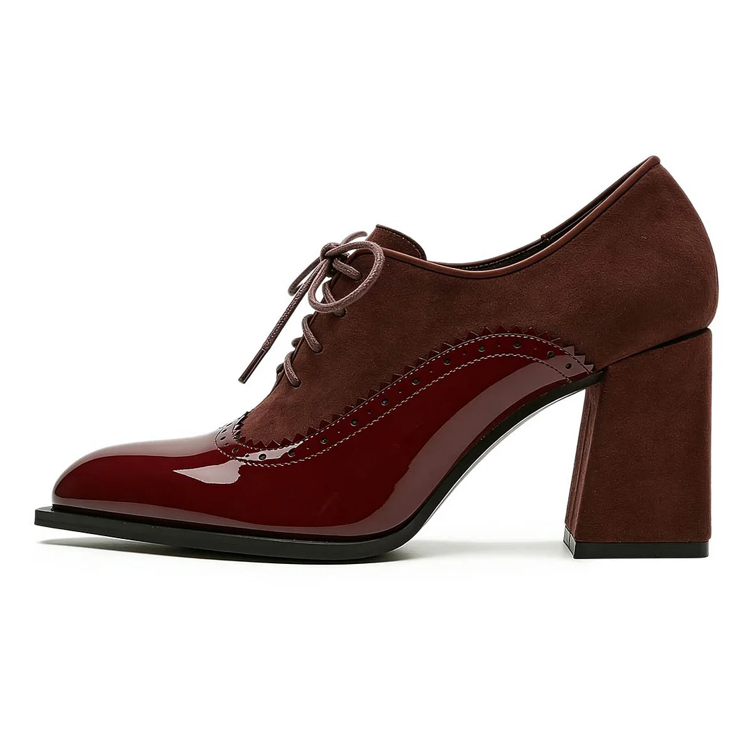 Fashion Maroon Pointed Toe Chunky Heel Lace Up Womens Oxfords