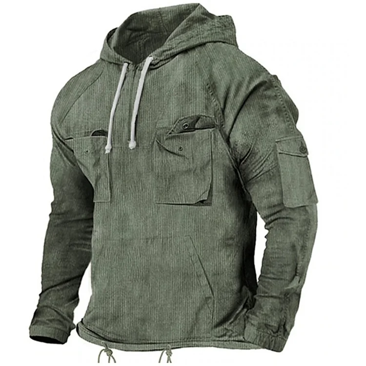 Casual Solid Color Multi-pocket Long Sleeve Drawstring Hoodie