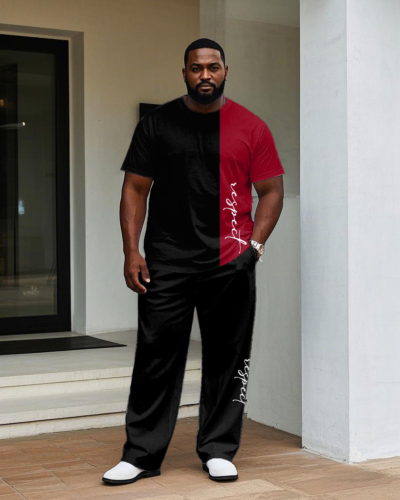 Men's Plus Size Black Colorblock Handwritten Slogan Printed Short-sleeved T-shirt Trousers Suit