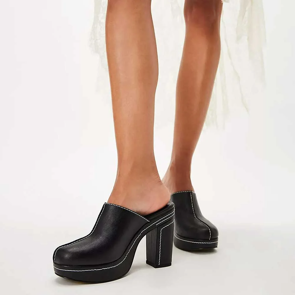Black Round Toe Platform Slip On Heeled Mules with Stitching