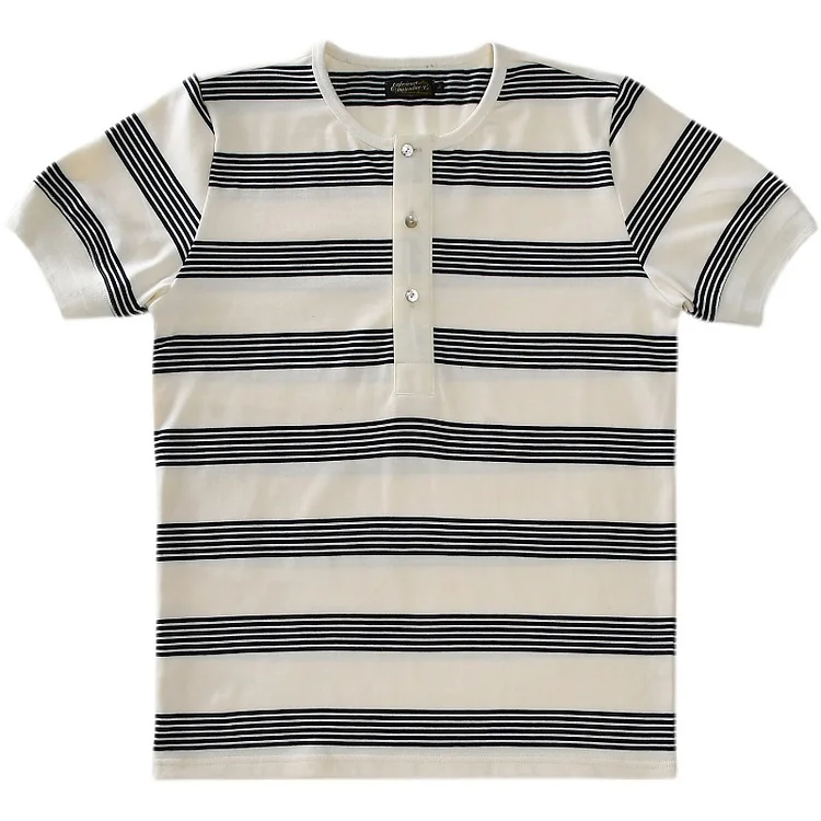 Vintage Striped Henley Collar Short Sleeve Casual T-Shirt