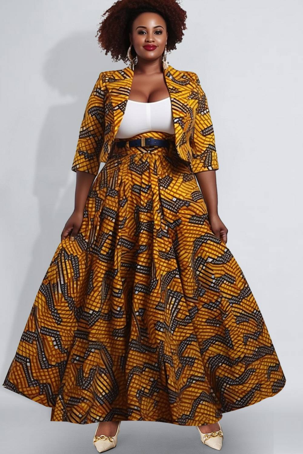 Design Plus Size Semi Formal Elegant Yellow Ankara Spring Summer Turndown Collar Half Sleeve Two Piece Skirt Sets (Without Belt) [Pre-Order]