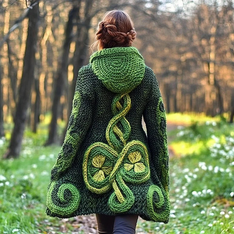 Women's Vintage Irish Shamrock Jacquard Pocket Hooded Cardigan Sweater
