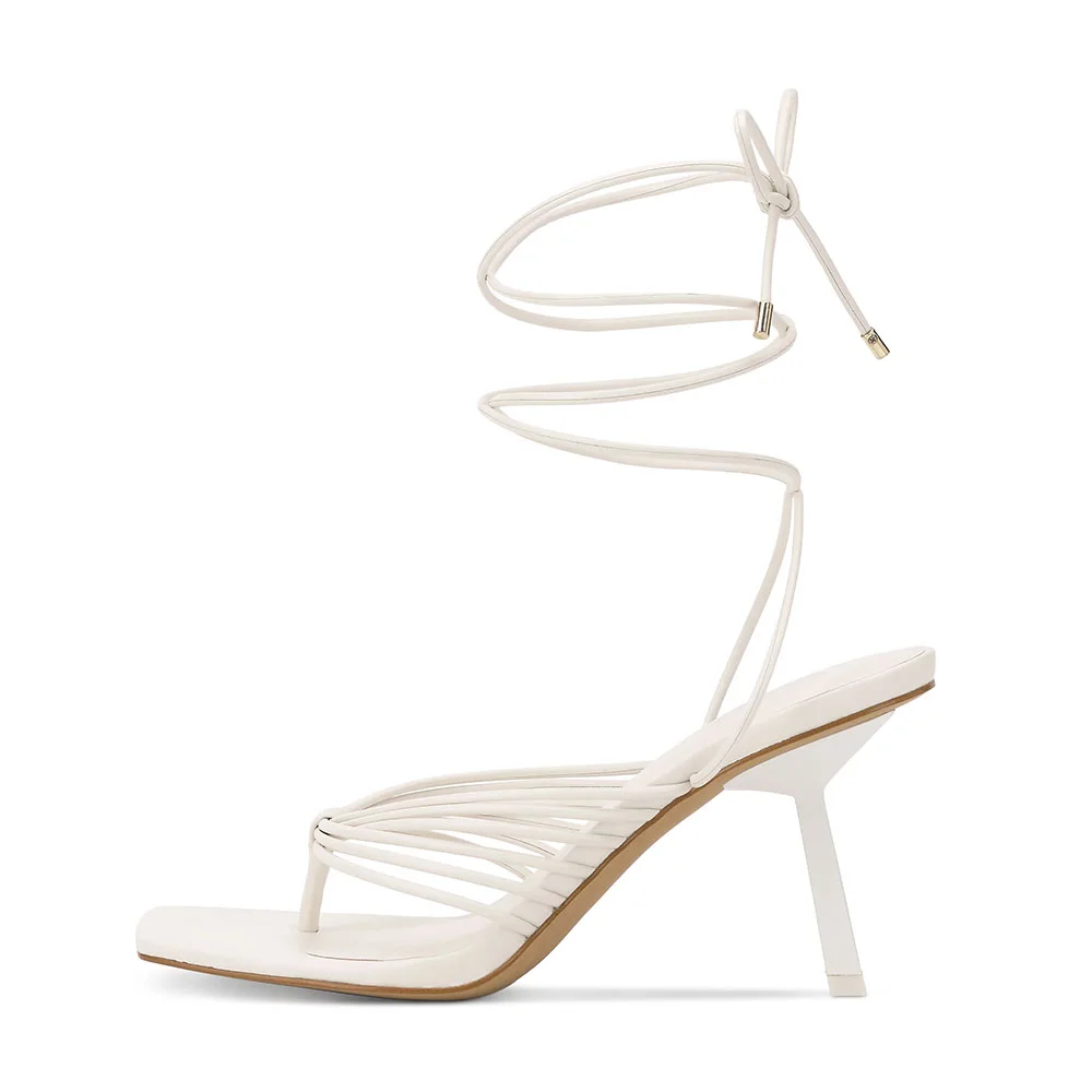 Fashion White Square Toe Sculptural Heel Flip Flops Lace Up Sandals