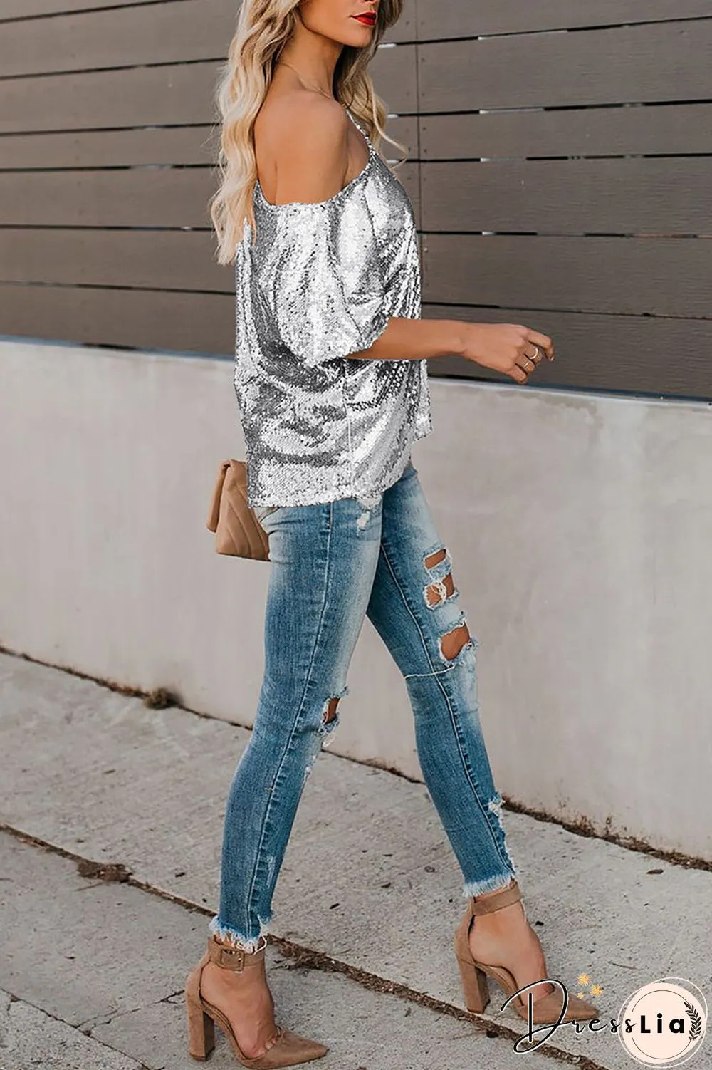 Sequined Skew Neck Short Sleeve T-Shirt