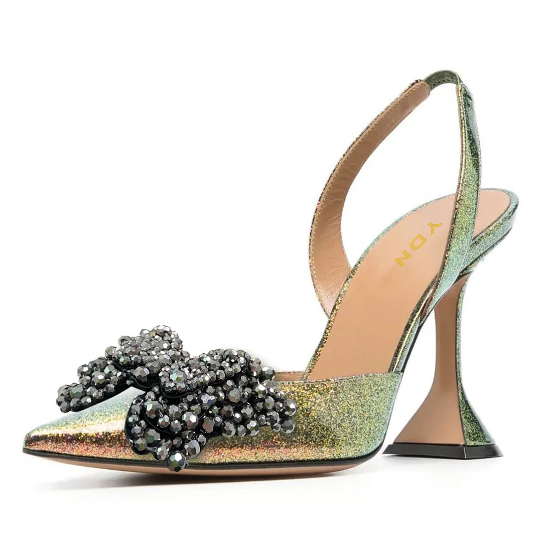 Green Iridescent Glitter Rhinestone Butterfly Ponited Toe Heels
