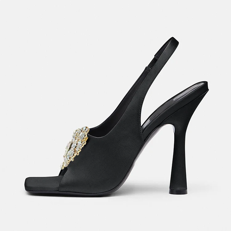 Black Satin Open Square-Toe Slingback Pumps Heart Rhinestone Heels |FSJ Shoes