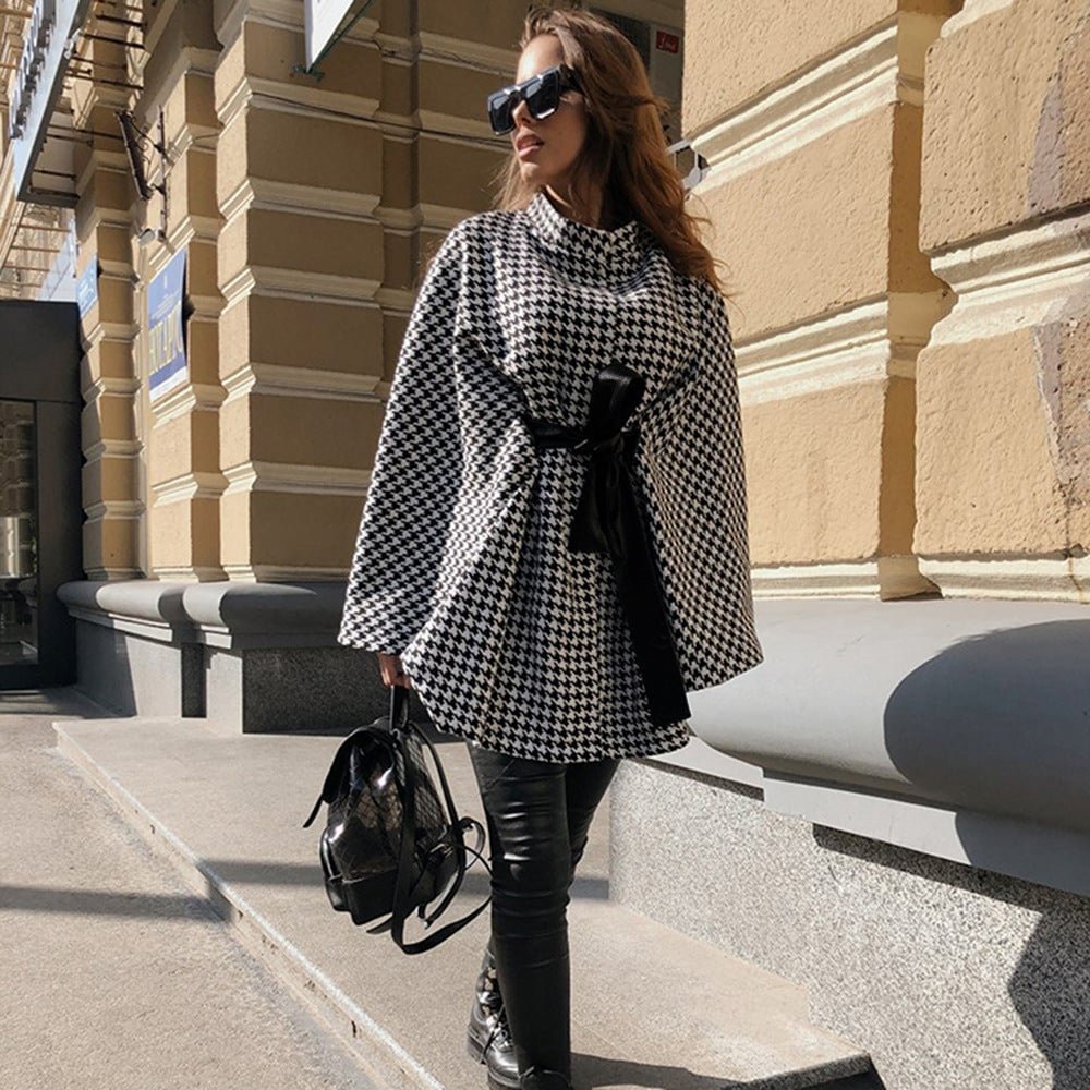 Autumn winter Coat  Houndstooth Woolen Coat Loose Cloak Coat | EGEMISS