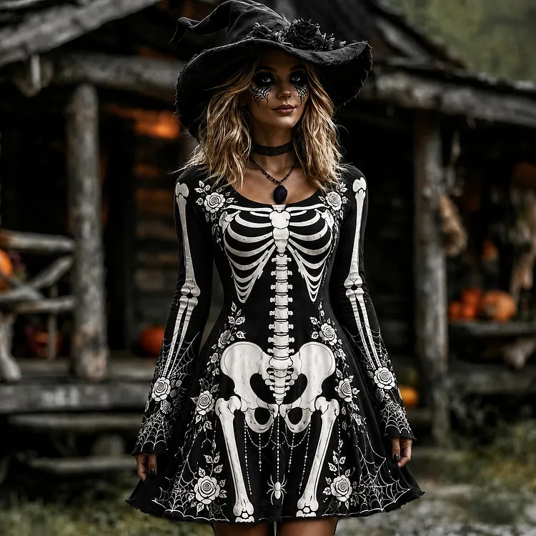 Women's Halloween Skull And Floral Gothic Patterns Art Round-neck Mini Dress