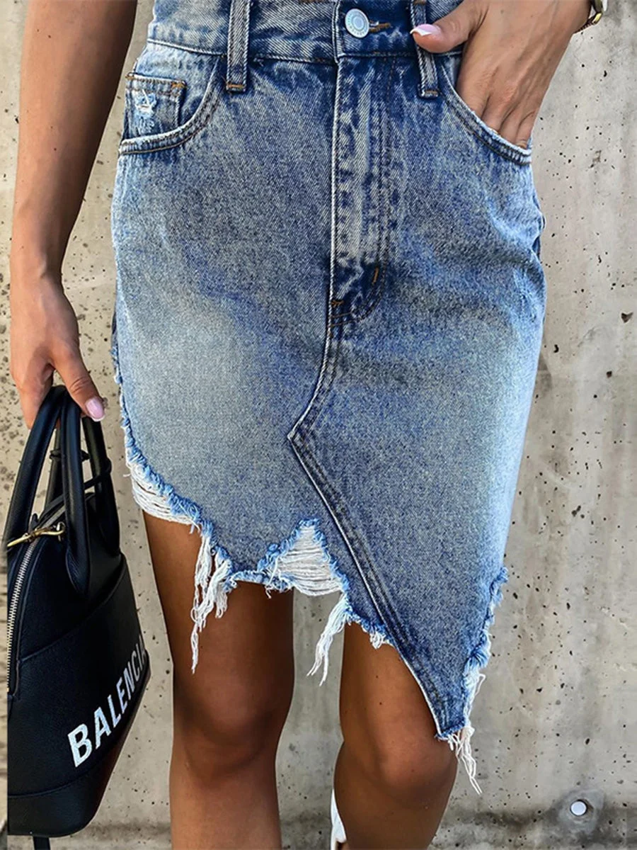 Casual Irregular Fringed Denim Skirt