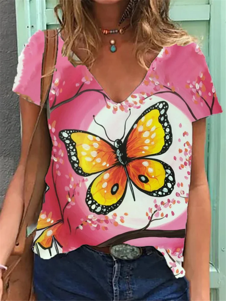 V-neck butterfly tie-dye rose stitching casual graphic tees