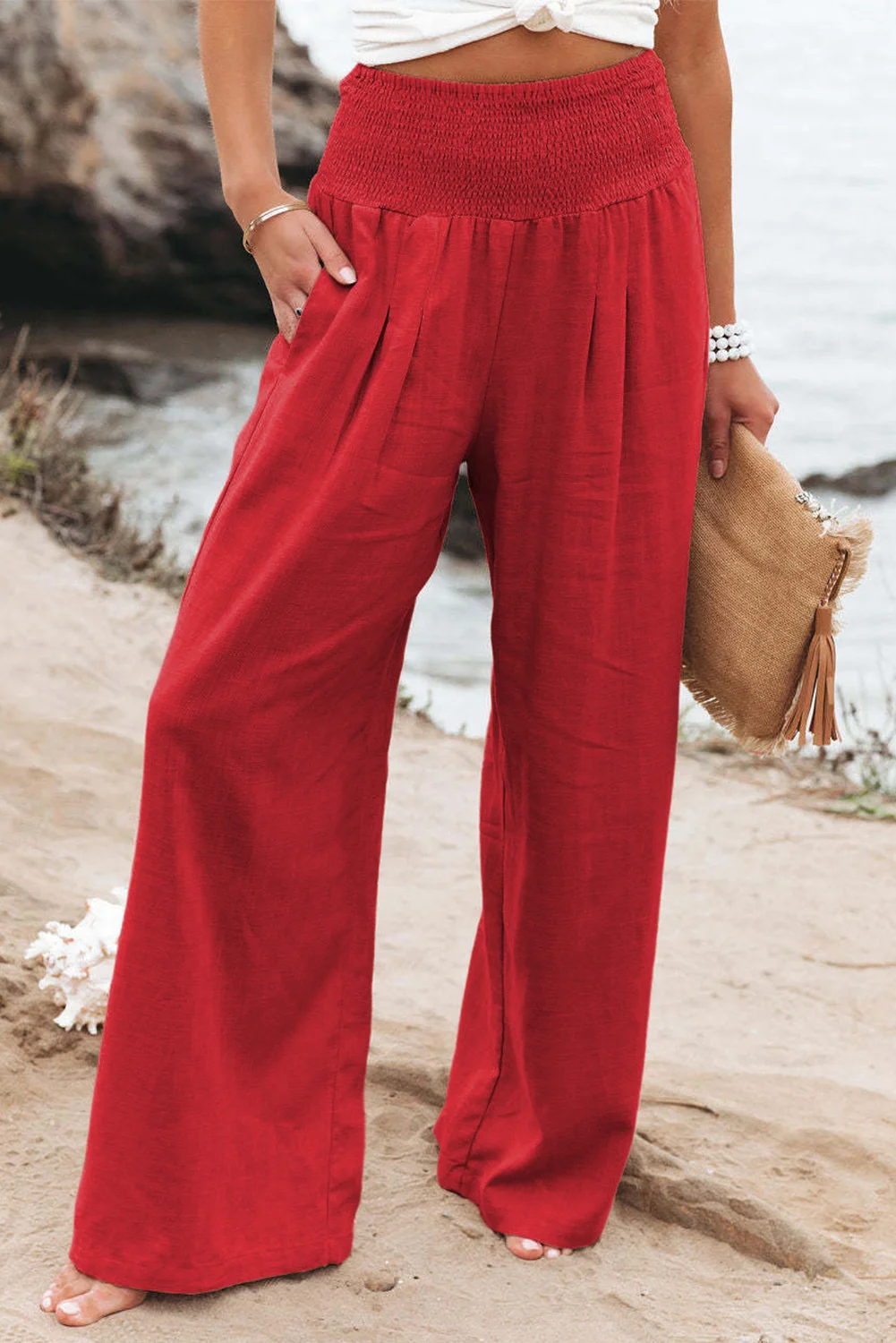 Red Smocked Wide Waistband High Waist Wide Leg Pants | IFYHOME