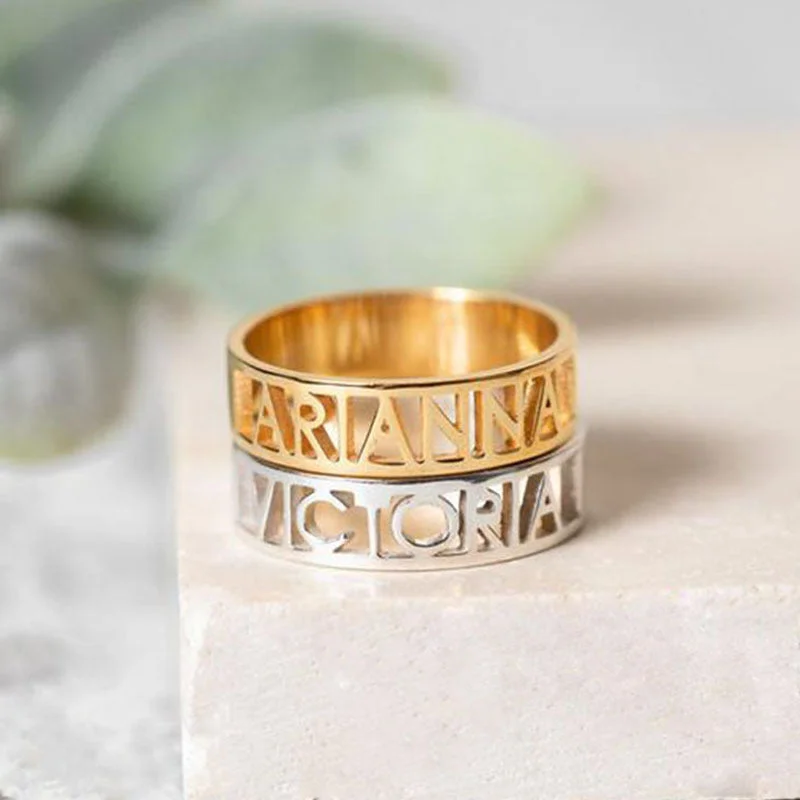 Custom stainless steel name ring handmade lettering couple ring