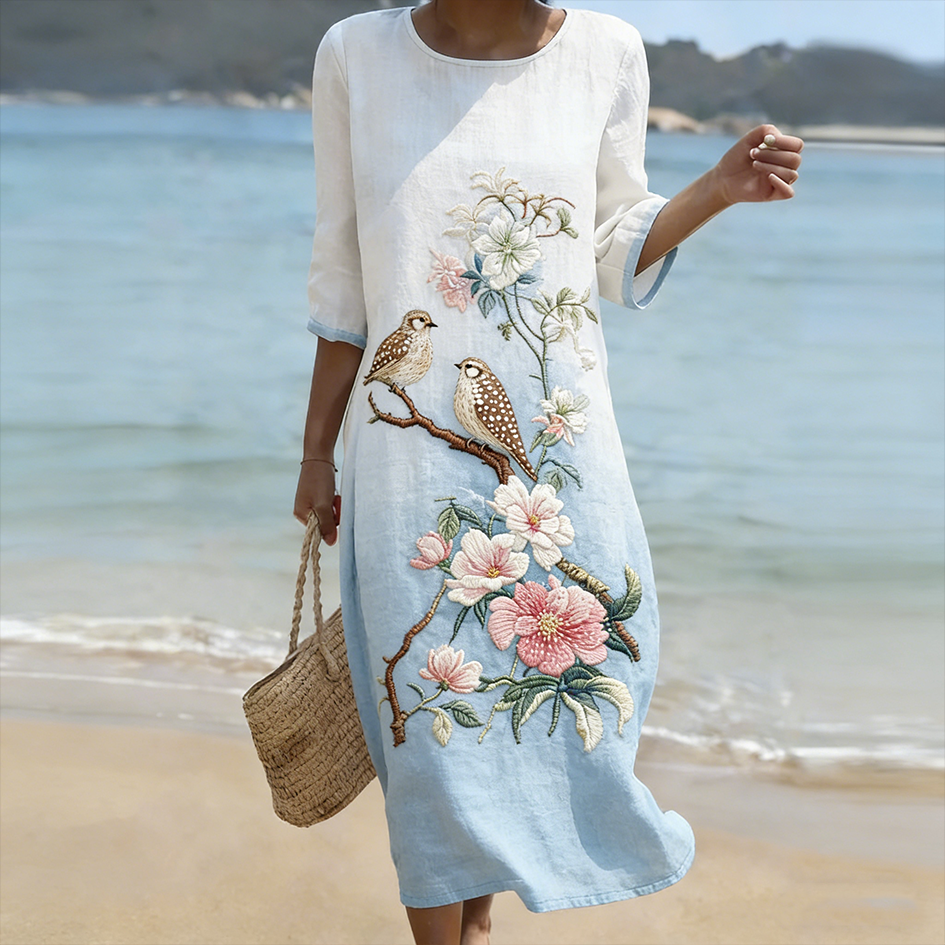 Japanese Art Flower And Bird Embroidery Pattern Women's Linen Dress elevenforest