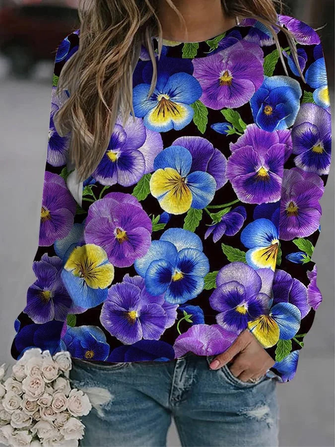 Women'S Botanical Floral Print Long Sleeve Sweatshirt
