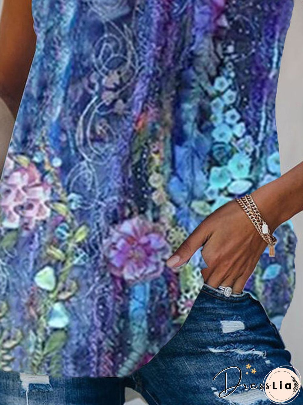 Vintage Sleeveless Floral Printed Halter Plus Size Casual Tops