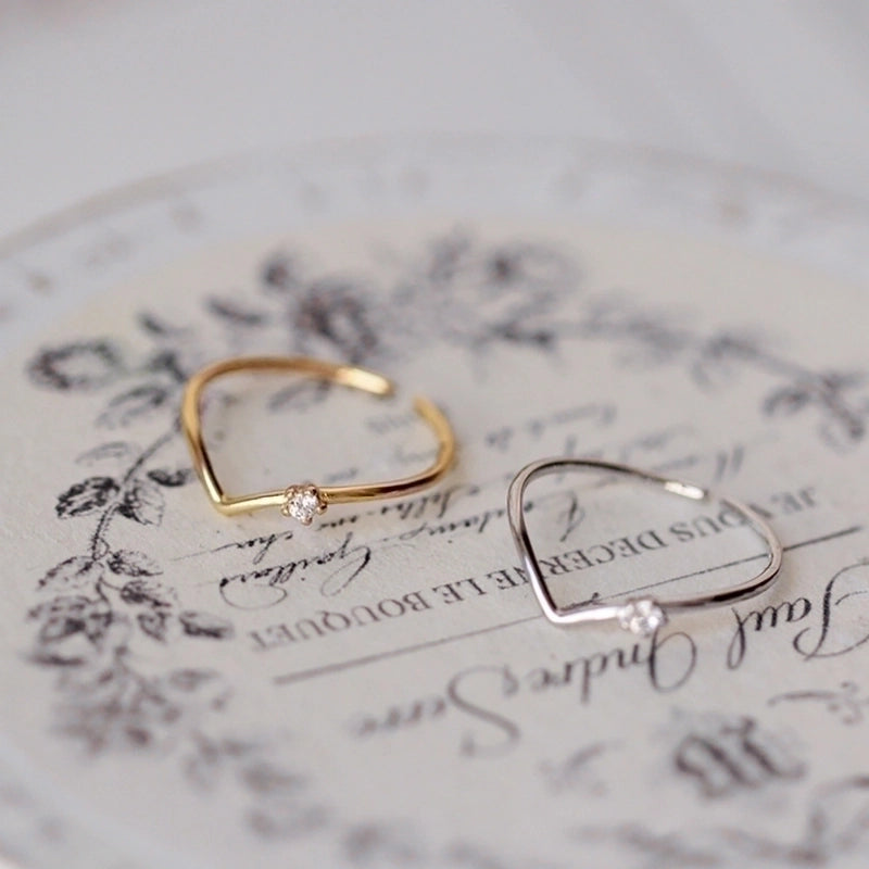 Minimalist V Shape Sterling Silver Inlay Rhinestones 18k Gold Plated Open Ring