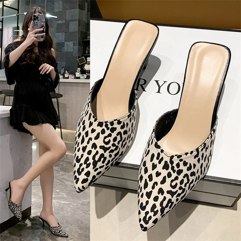 Qengg half slippers women's 2022 summer sexy leopard print stiletto high-heeled temperament sandals and slippers Baotou pumps