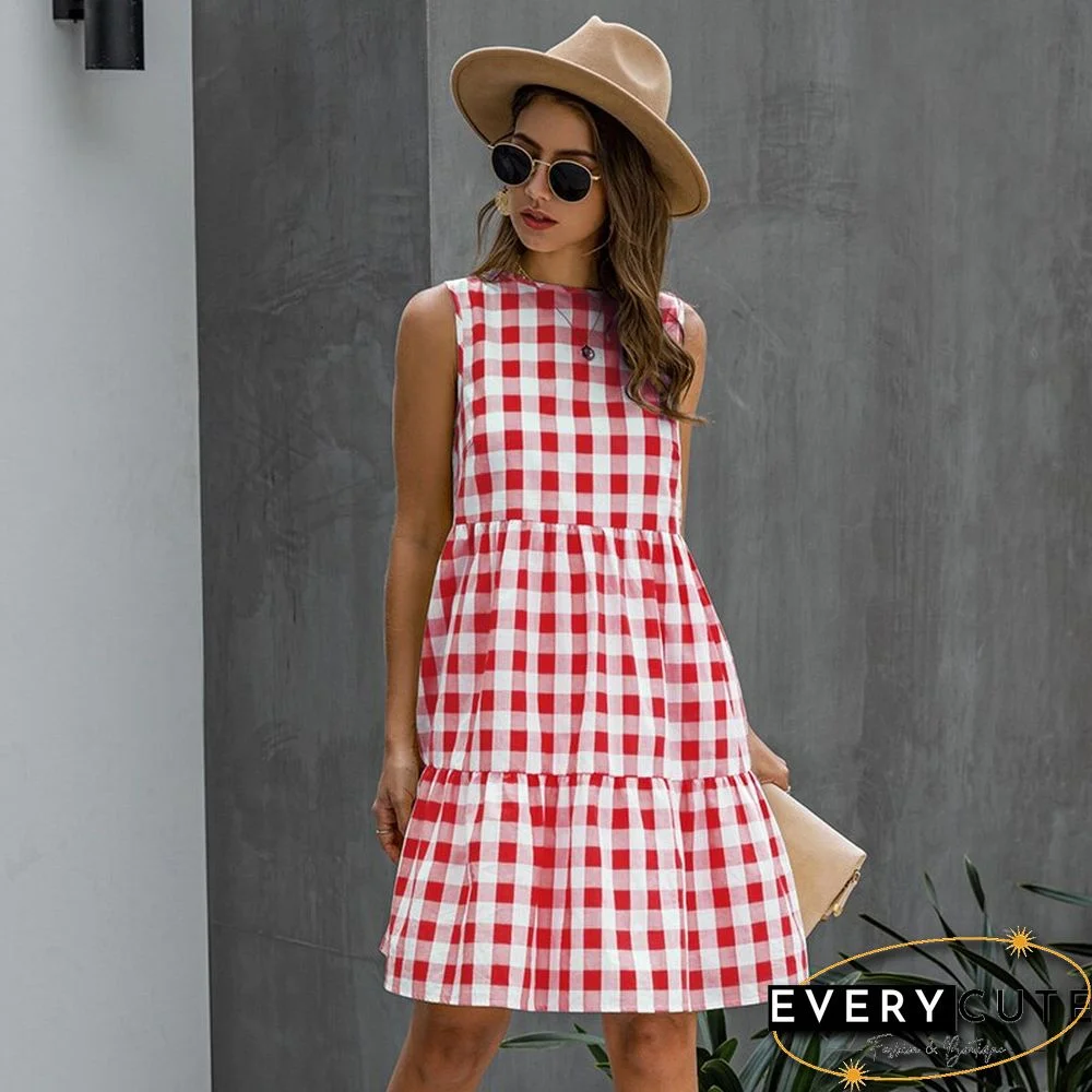 Summer Loose Plaid Dress Women Casual Cotton O-neck Patchwork Sleeveless Dress NEW