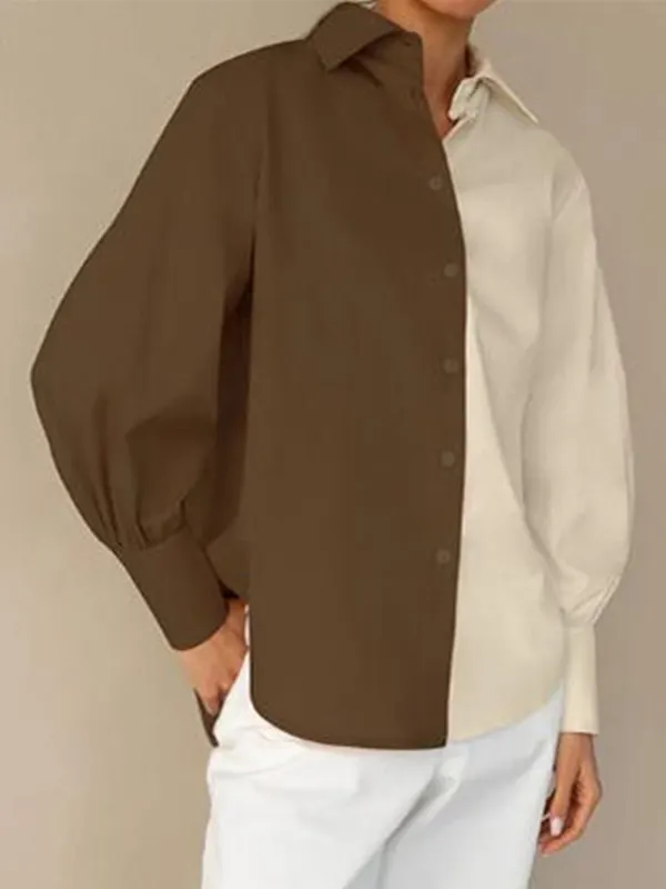 Contrast Color Buttoned Puff Sleeves Loose Lapel Blouses&Shirts Tops BROWN-2XL