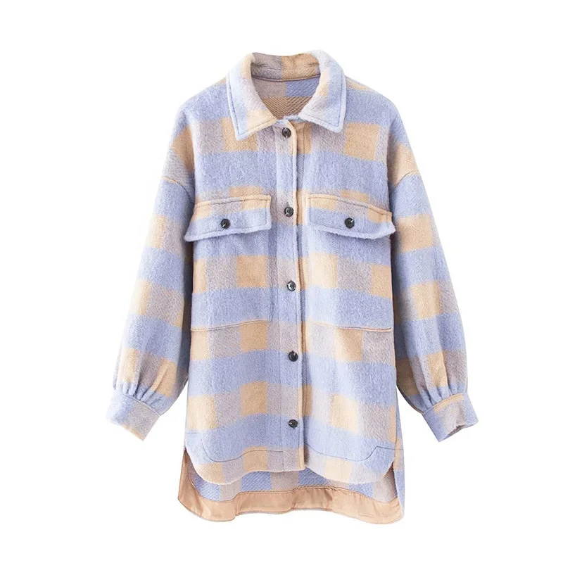 KPYTOMOA Women 2020 Fashion Overshirts Oversized Checked Woolen Jacket Coat Vintage Pocket Asymmetric Female Outerwear Chic Tops