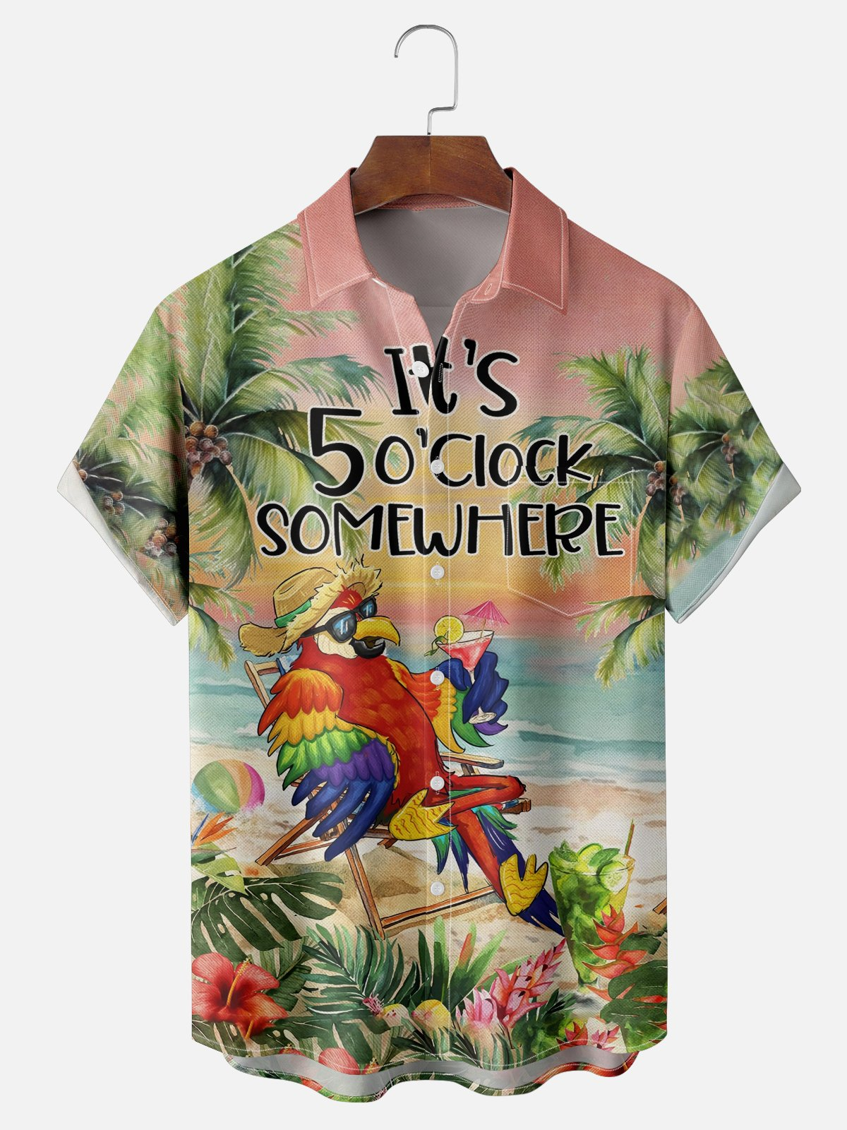 Moisture-Wicking It's 5 O'Clock Somewhere Parrot Coconut Tree Chest Pocket Hawaiian Shirt PLUSCLOTHESMAN