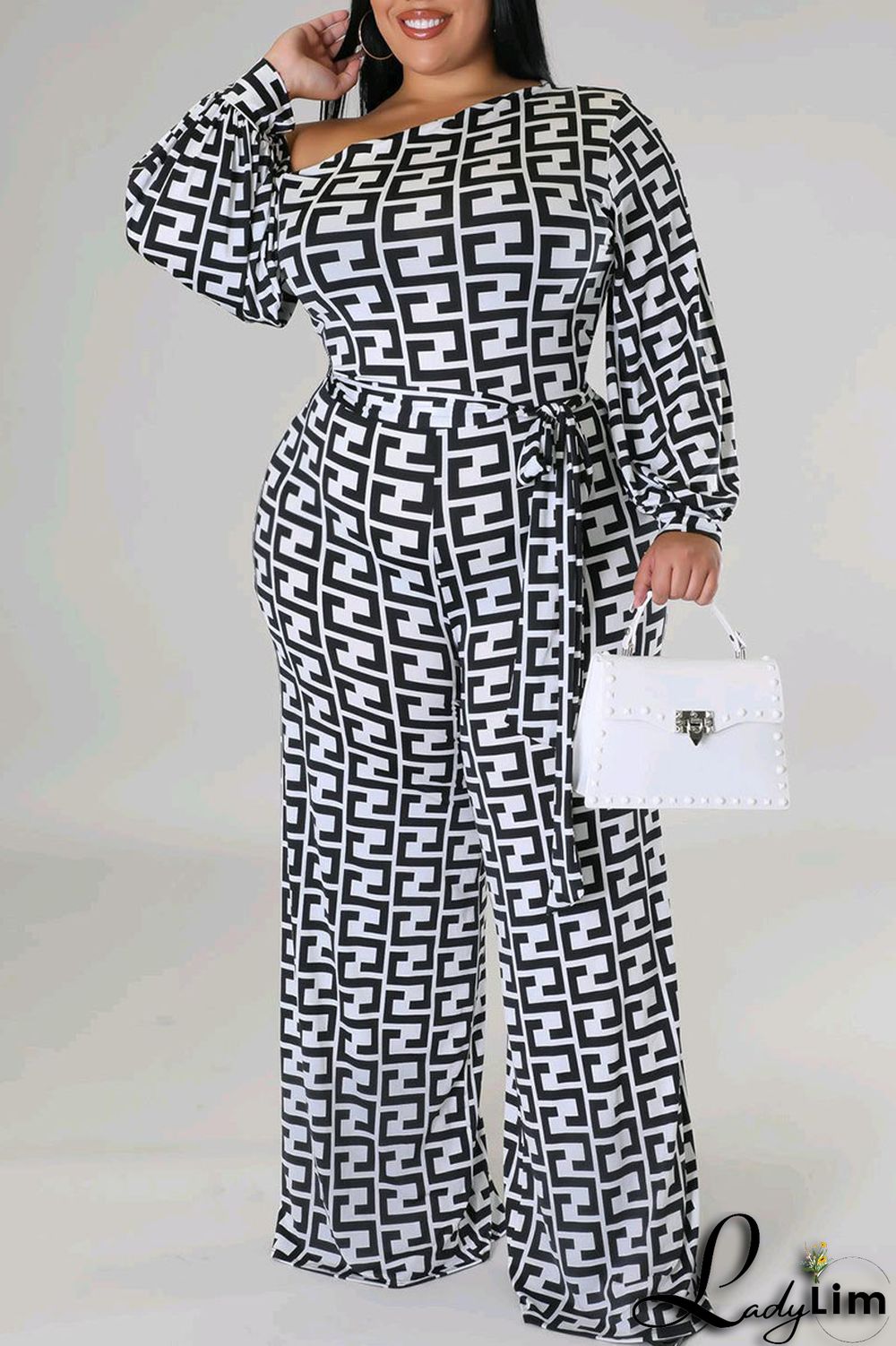 White Fashion Casual Print Patchwork Asymmetrical Collar Plus Size Jumpsuits