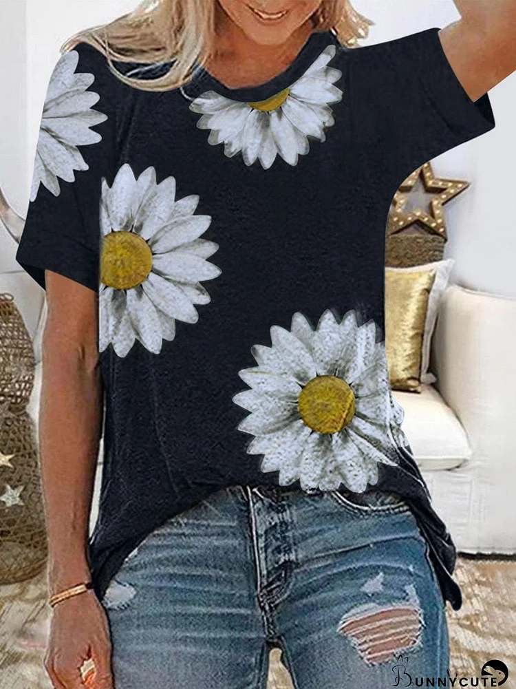 Daisy Print Round Neck Short Sleeve T-Shirt