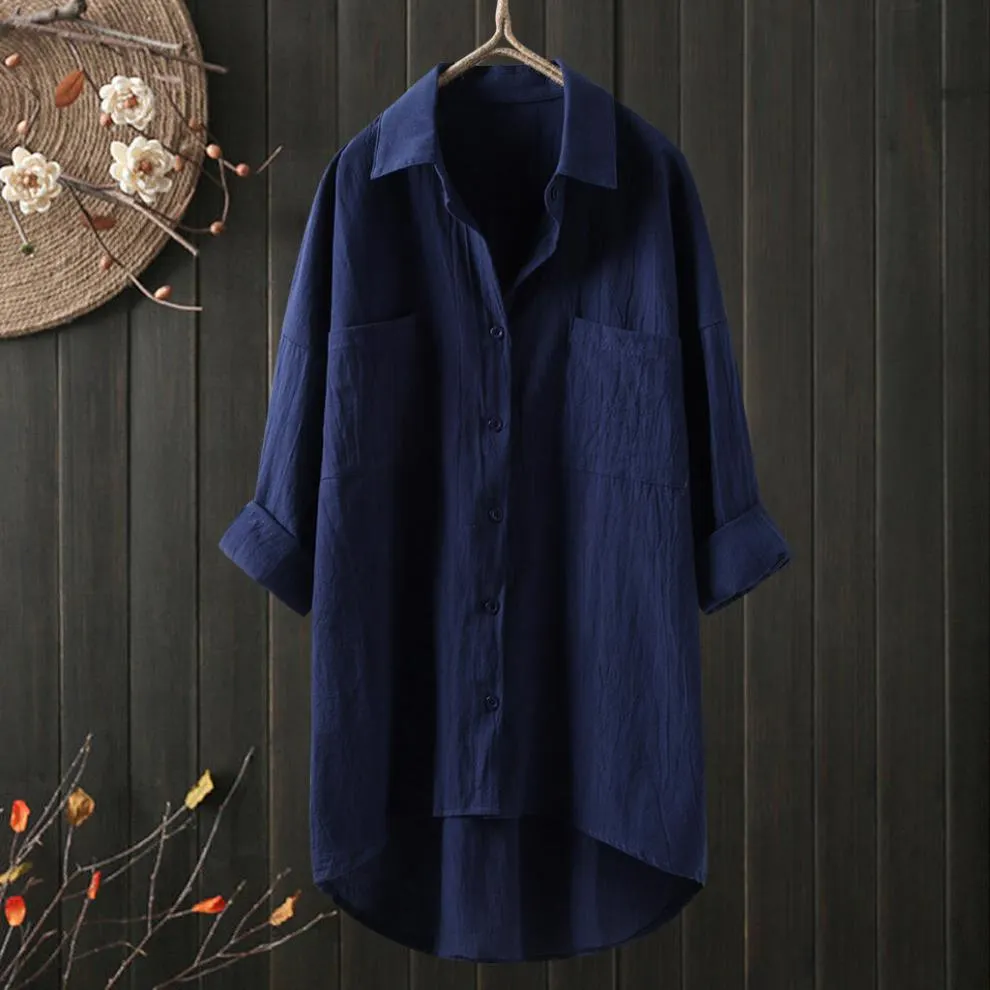 Brownm Brownm Women's Clothing 2025 Spring And Autumn Casual Style Pure Shirt Women Loose Cotton T-Shirt Double Pocket Long-Sleeved Top