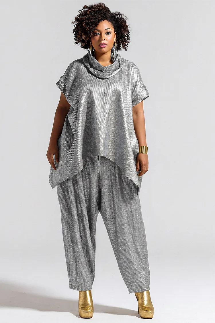 Xpluswear Design Plus Size Party Gold Cowl Neck Pocket Glitter Two Piece Pant Sets [Pre-Order] 2024 - Xpluswear