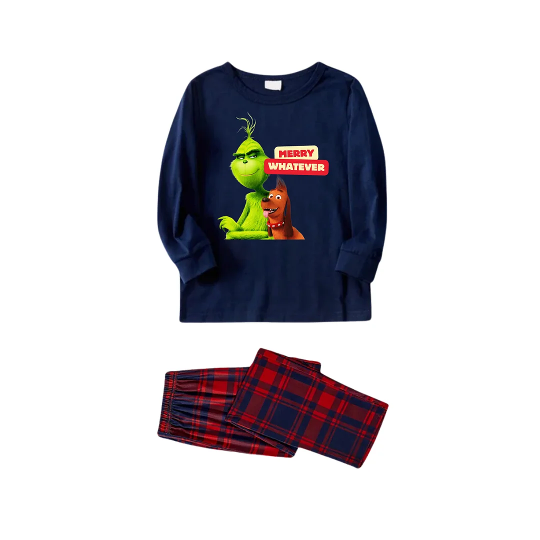Cartoon Pattern and "Merry Whatever" Text Printed Blue Top Red&Blue Plaid Pants Family Matching Pajamas