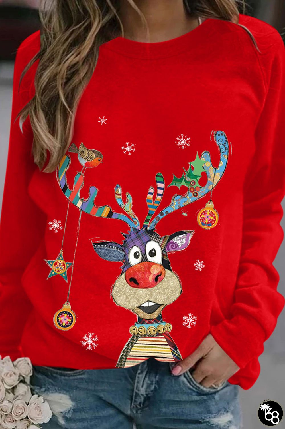 Red Party Wapiti Patchwork O Neck Tops | 168DEAL