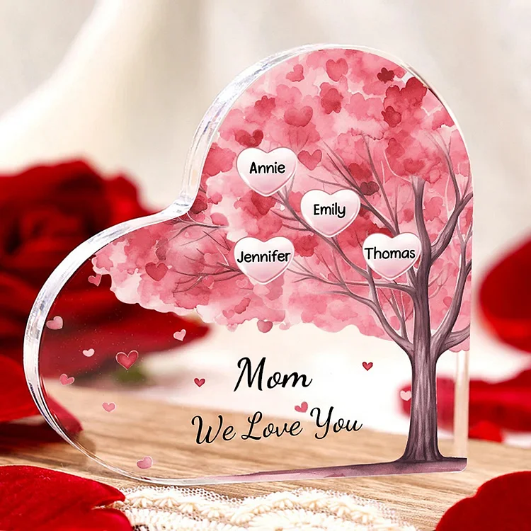 4 Names - Personalized Acrylic Heart Keepsake Custom Text Pink Tree Ornaments Gifts for Grandma/Mother